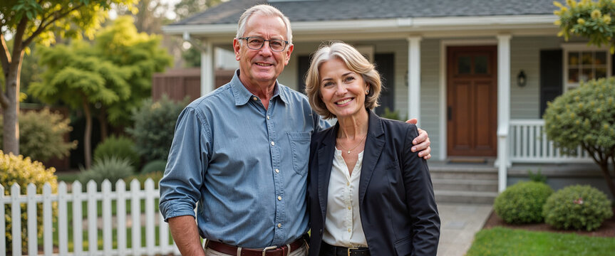 Senior couple standing in front of their new home, celebrating homeownership.