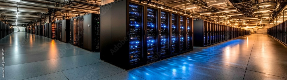 Poster the scene depicts a functioning data center with rack servers lined up in rows, illuminated by the s