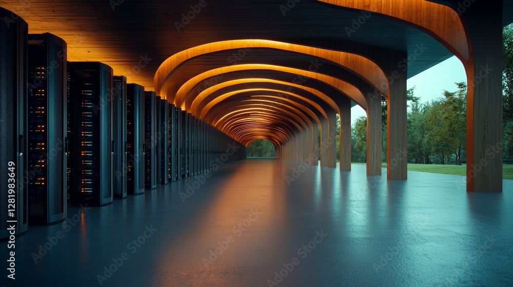 Poster a modern data center is showcased with numerous rows of fully operational server racks, highlighting