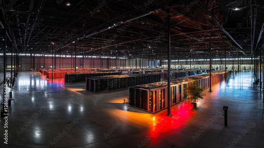 Poster the image captures a modern data center with multiple rows of server racks in a dark room, lit up by