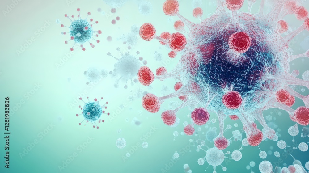 Poster digital illustration of colorful virus particles against a soft gradient background, representing mi