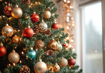 Fototapeta premium A beautifully decorated Christmas tree adorned with colorful ornaments and warm lights, creating a festive and cozy atmosphere.