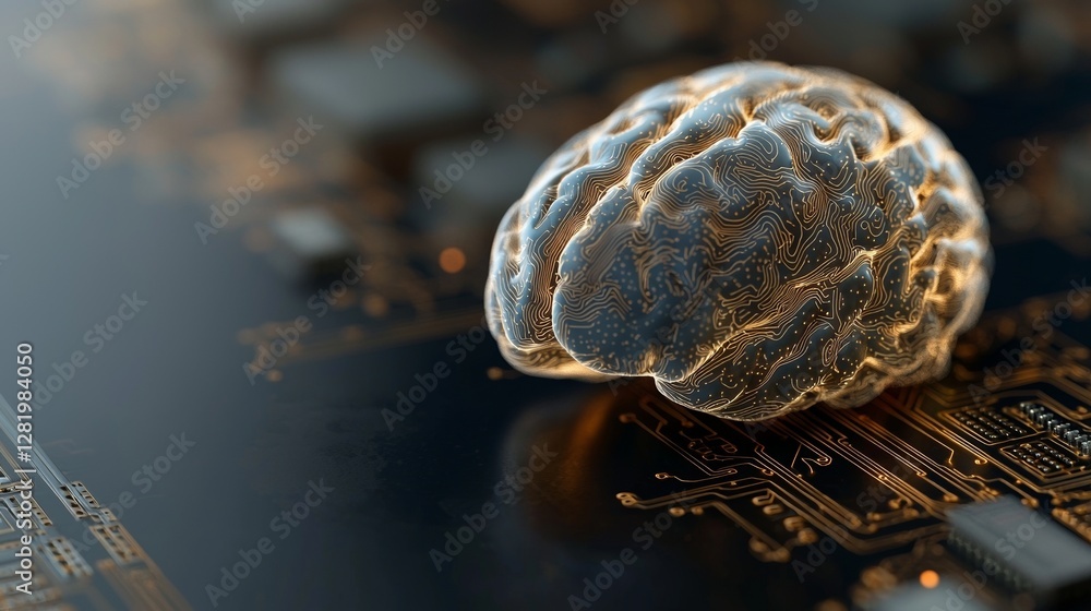 Poster a 3d rendering depicts a stock hardware concept featuring a glowing blue brain circuit on a microchi