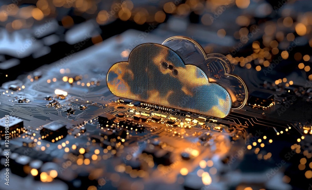 Poster a 2d illustration representing cloud computing, incorporating the concept of big data and cloud comp
