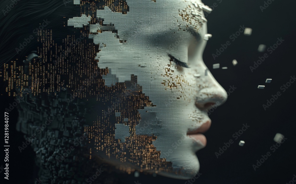 Poster a digital representation of a human face in abstract form, symbolizing big data or cyber security th