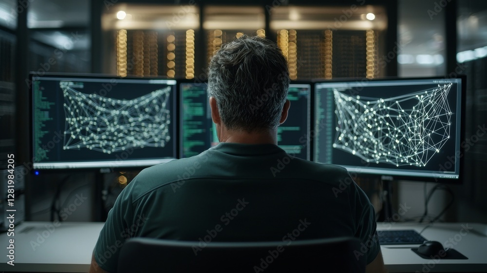Aufkleber at his workstation, a male computer engineer and scientist of striking appearance creates a neural n