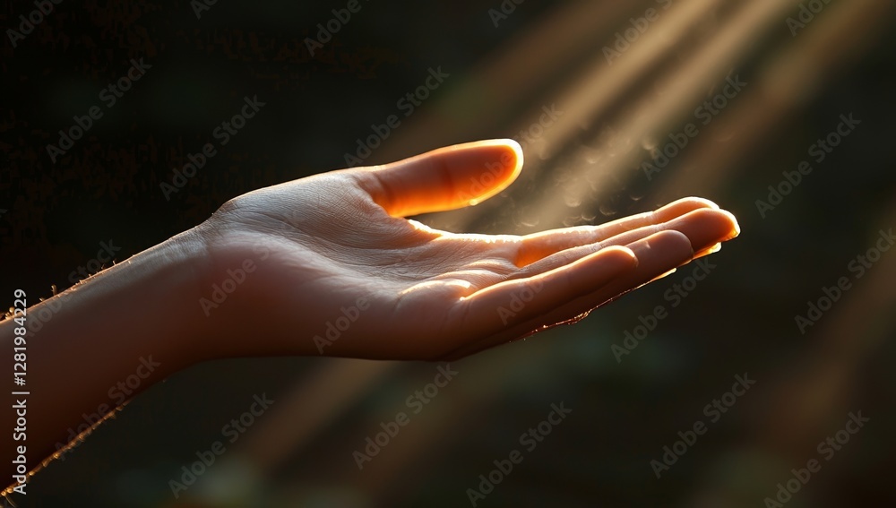 Poster innovative technology in science and communication is represented by abstract palm hands holding glo