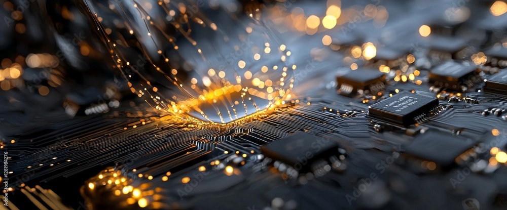 Poster the image depicts a futuristic server with a printed circuit board, set against a technologically ad