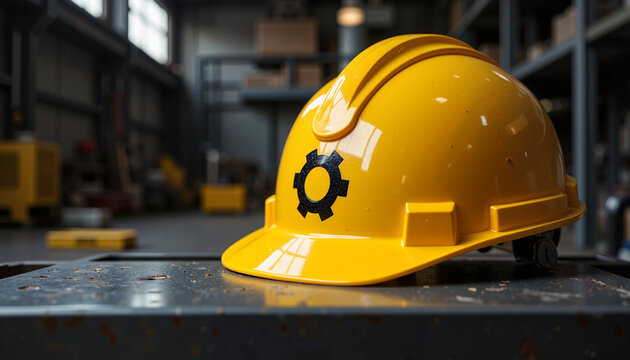 Protective gear with cog graphic for International Labor Day banners or info texts