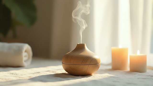 A minimalist wooden diffuser gently releases wisps of lavender mist amidst soft candlelight in a serene, cream-colored room.