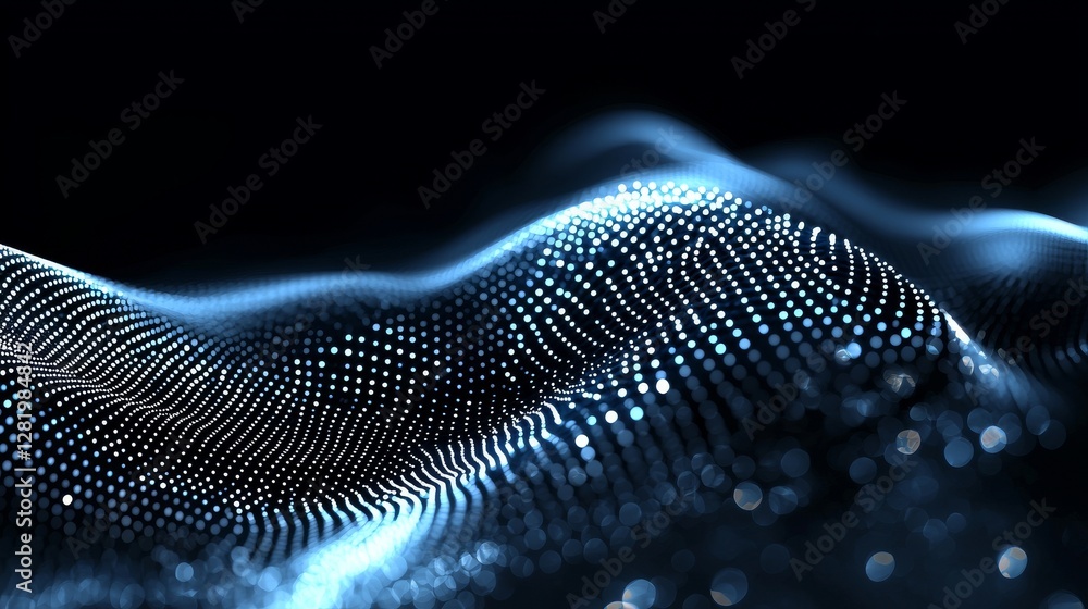 Poster the abstract background of digital cyberspace features a wavy flow of blue particles