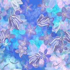 abstract floral composition on blue turquoise pink background seamless design