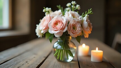 Obraz premium A vintage mercury glass vase holds an arrangement of pastel flowers, softly lit by warm candlelight on a rustic wooden table.