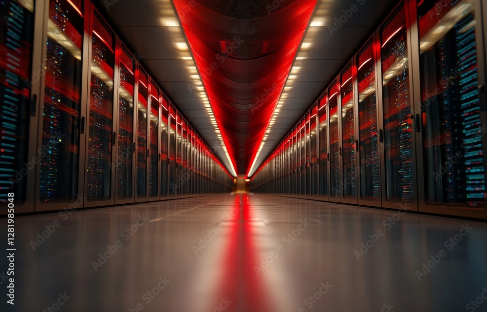 Poster an illustration of a data center featuring server racks and rows of supercomputers, showcasing a wor