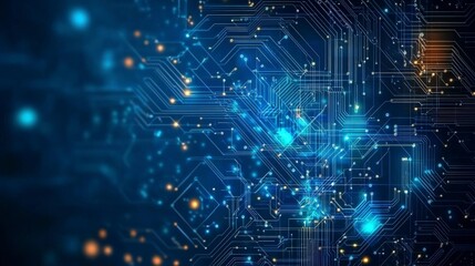 Abstract digital circuit board design with glowing lights on a blue background, creating a futuristic technology feel.