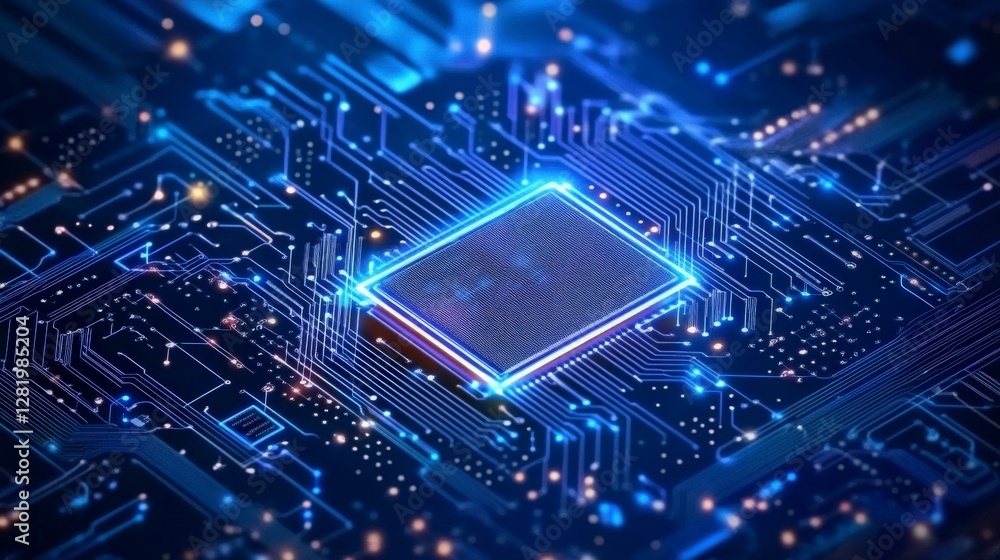 Poster a close-up view of a microchip surrounded by intricate blue circuitry, representing advanced technol
