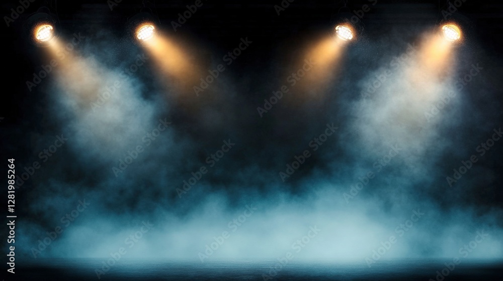 Poster a dramatic stage scene with hazy smoke and illuminated by focused spotlights creating an atmospheric