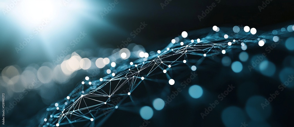 Poster the illustration depicts an abstract wave comprised of moving dots and lines, with a flow of particl