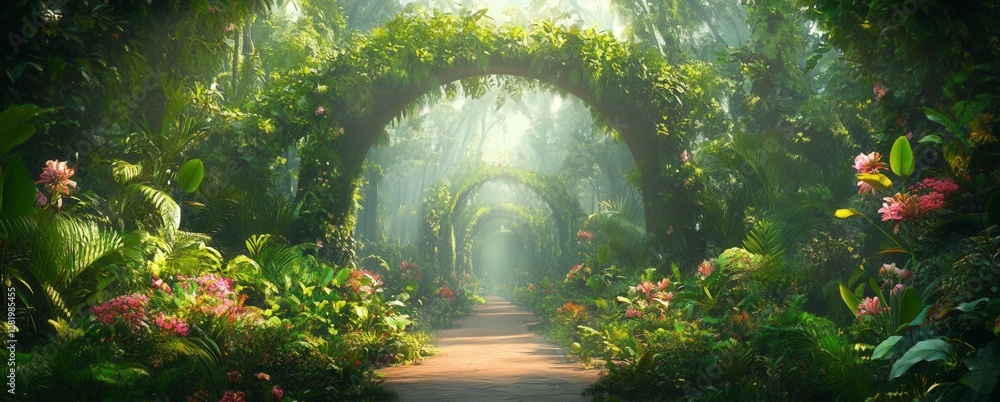 Poster lush green forest path with vibrant flowers and soft sunlight filtering through the foliage, creatin