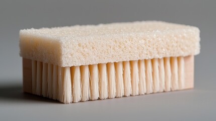 Cleaning brush, wooden base, textured sponge, grey background, cleaning supplies