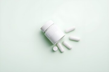 White supplement bottle, pills on green background. Top view flat lay trendy product presentation. Empty container ready for branding