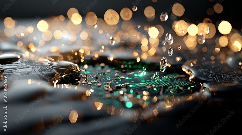 Poster abstract digital technology backdrop featuring metallic plates and particles in a high-tech setting