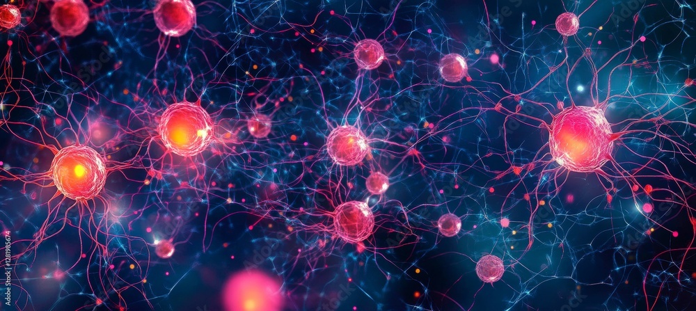 Poster vibrant abstract representation of neural connections and particles, showcasing a network of glowing