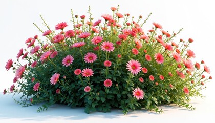Naklejka premium Bush of pink daisy flowers with green leaves isolated on white. Springtime blossom plant beauty blooms. Garden floral with vibrant petals, botanical elegance for posters, decor, advertising.