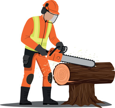 A lumberjack in safety gear using a chainsaw to cut a log with detailed vector art showcasing the woodworking process in a vibrant and focused atmosphere vector illustration