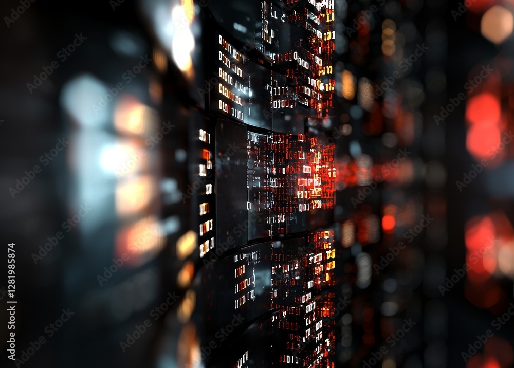 Aufkleber A server room is depicted in a 3D illustration with elements of node-based programming and data design