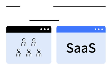 Two browser windows, one with user icons, the other labeled SaaS. Ideal for teamwork, tech innovation, cloud services, user management, business solutions, software ideas abstract line flat metaphor