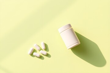White supplement bottle, pills on green background. Top view flat lay trendy product presentation. Empty container ready for branding