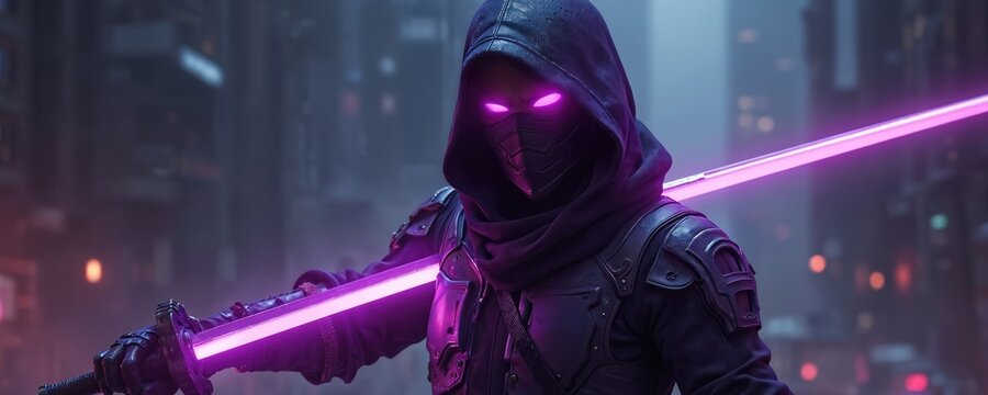Modern cyberpunk cyborg ninja in mask holds purple energy blade. Futuristic warrior samurai concept. AI generated character with japanese assassin concept. Armored fighter wallpaper for gaming,