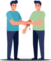 Fototapeta premium Two men assisting each other with a minor injury in a flat style vector illustration displaying care and support in a friendly atmosphere