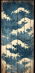 Fototapeta premium Aged wooden surface with handpainted Japanese seigaiha waves, softly worn by time and nature