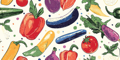 A colorful vector seamless pattern of fresh vegetables on a beige vintage background, Vegetarian print features healthy vegetables and fresh green food