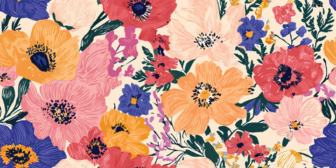 An abstract floral vector painting featuring pink, yellow, and blue colors captures the essence of blooming vibrancy for use as a seamless background, modern decor, or textile designs