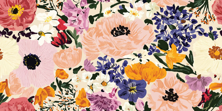 An abstract floral vector painting featuring pink, yellow, and blue colors captures the essence of blooming vibrancy for use as a seamless background, modern decor, or textile designs