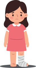 A sad young girl with a bandaged leg wearing a pink dress in a flat design style vector illustration