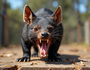 Front close-up of Tasmanian Devil showing teeth, pink mouth. Endangered species wildlife animal, carnivorous marsupial. Black fur, whiskers, threatening expression. Conservation efforts needed to