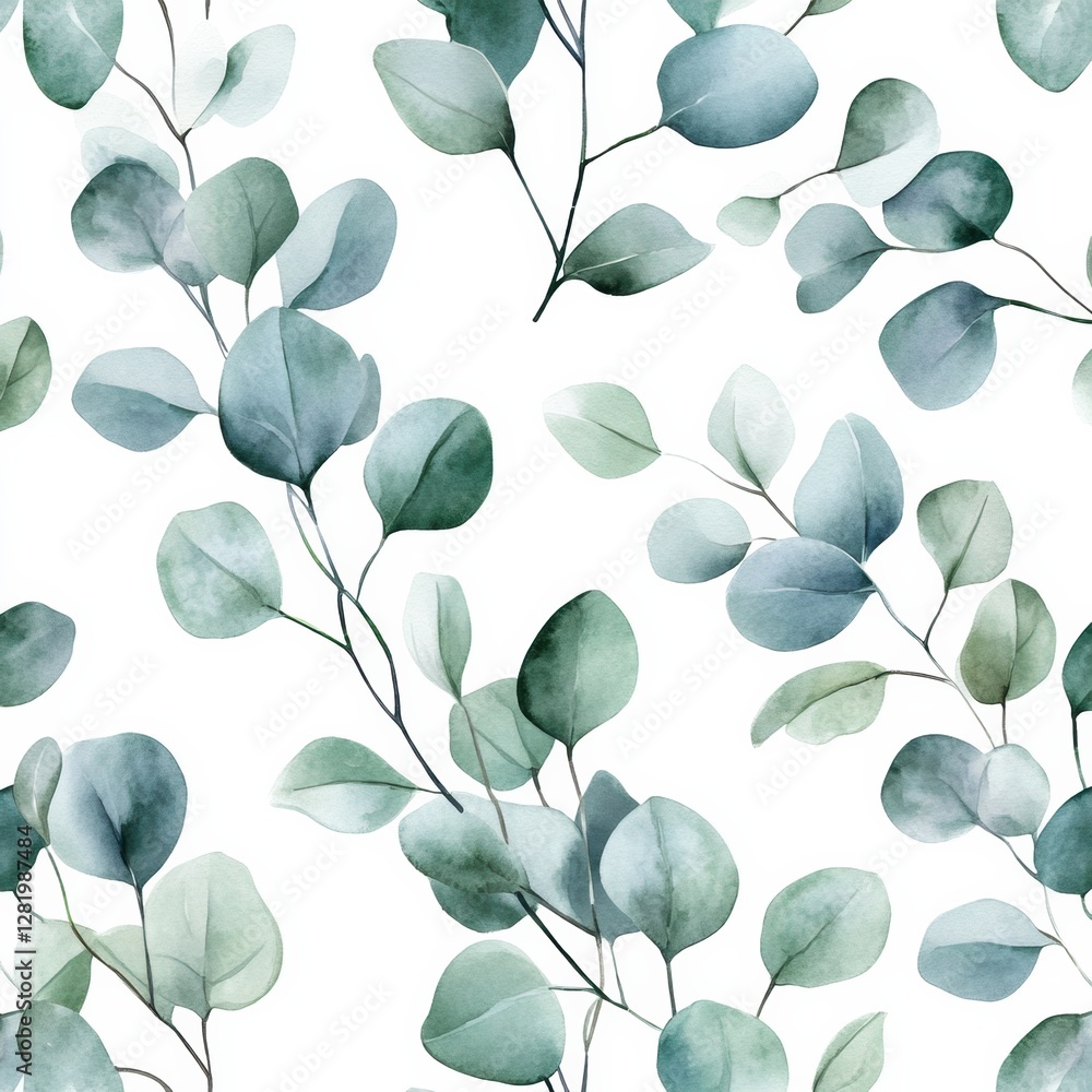 Poster elegant watercolor botanical pattern featuring delicate eucalyptus leaves on a clean white backgroun