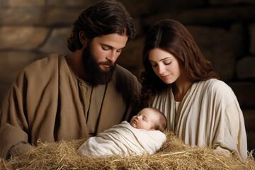A serene nativity scene depicting Mary and Joseph gazing lovingly at baby Jesus, wrapped in cloth and lying in a manger with straw.