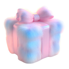 Fluffy 3D Cartoon Gift Box with Glowing Ribbons Isolated on Transparent Background