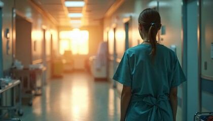 Back view of nurse walks along empty hospital corridor. Worried medic in uniform walks to patient. Hard work of health care, sleepless night after emergency surgery.