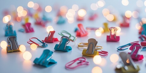 Colorful office supplies scattered on a table with twinkling lights in a relaxing workspace setting