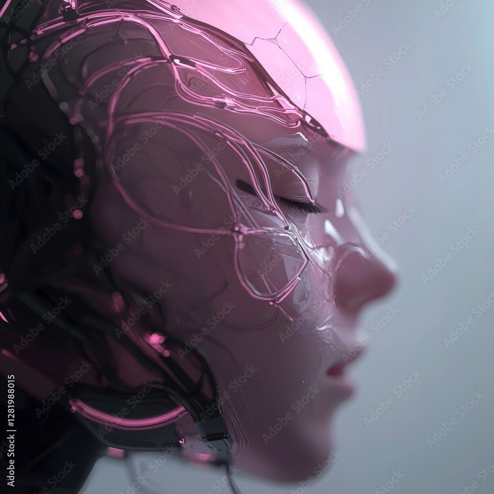 Poster the concept of dreaming in code is depicted through a 3d illustration of a science fiction female ro