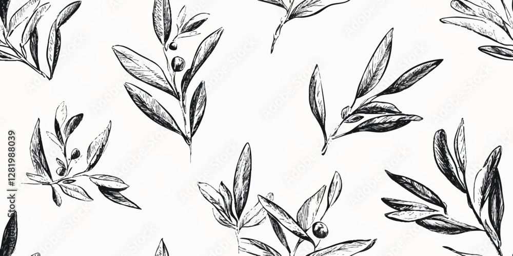 Poster olive branch pattern. seamless vector black and white botanical pattern with olive branches and leav