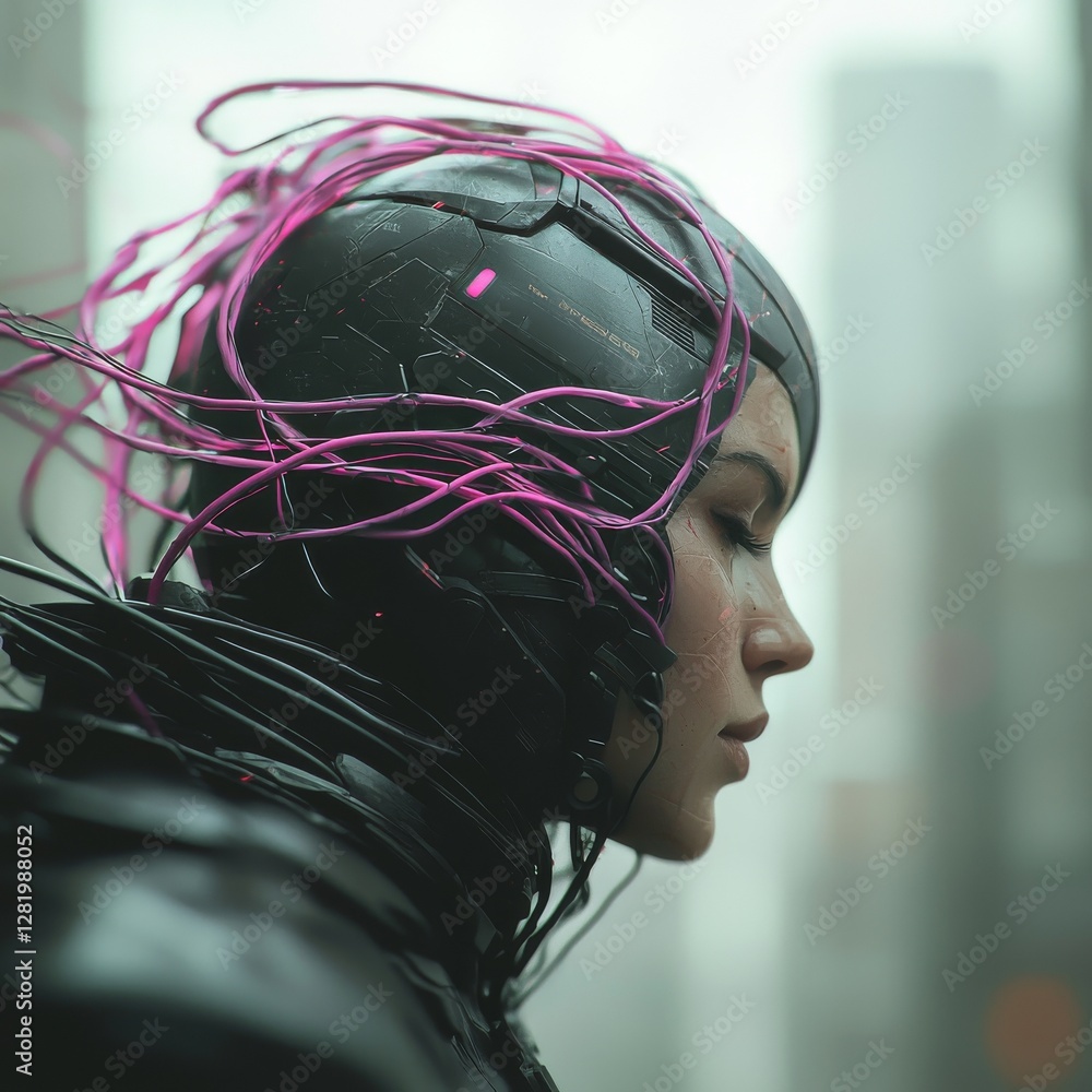 Poster a robotic female from science fiction is hardwired to a computer core in a 3d illustration that repr