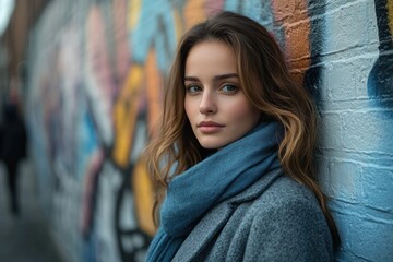 Naklejka premium A young woman with long brown hair, wearing a grey coat and blue scarf, stands against a graffiti-covered brick wall.