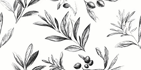 Fototapeta premium Olive branch pattern. Seamless vector black and white botanical pattern with olive branches and leaves on a white background for design element, wrapping, wallpaper, banner background